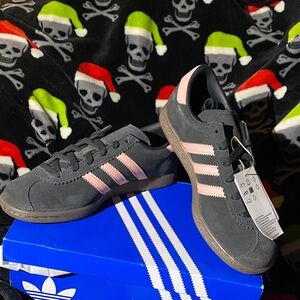 adidas Kids Gray Suede Sneakers with Pink Stripes